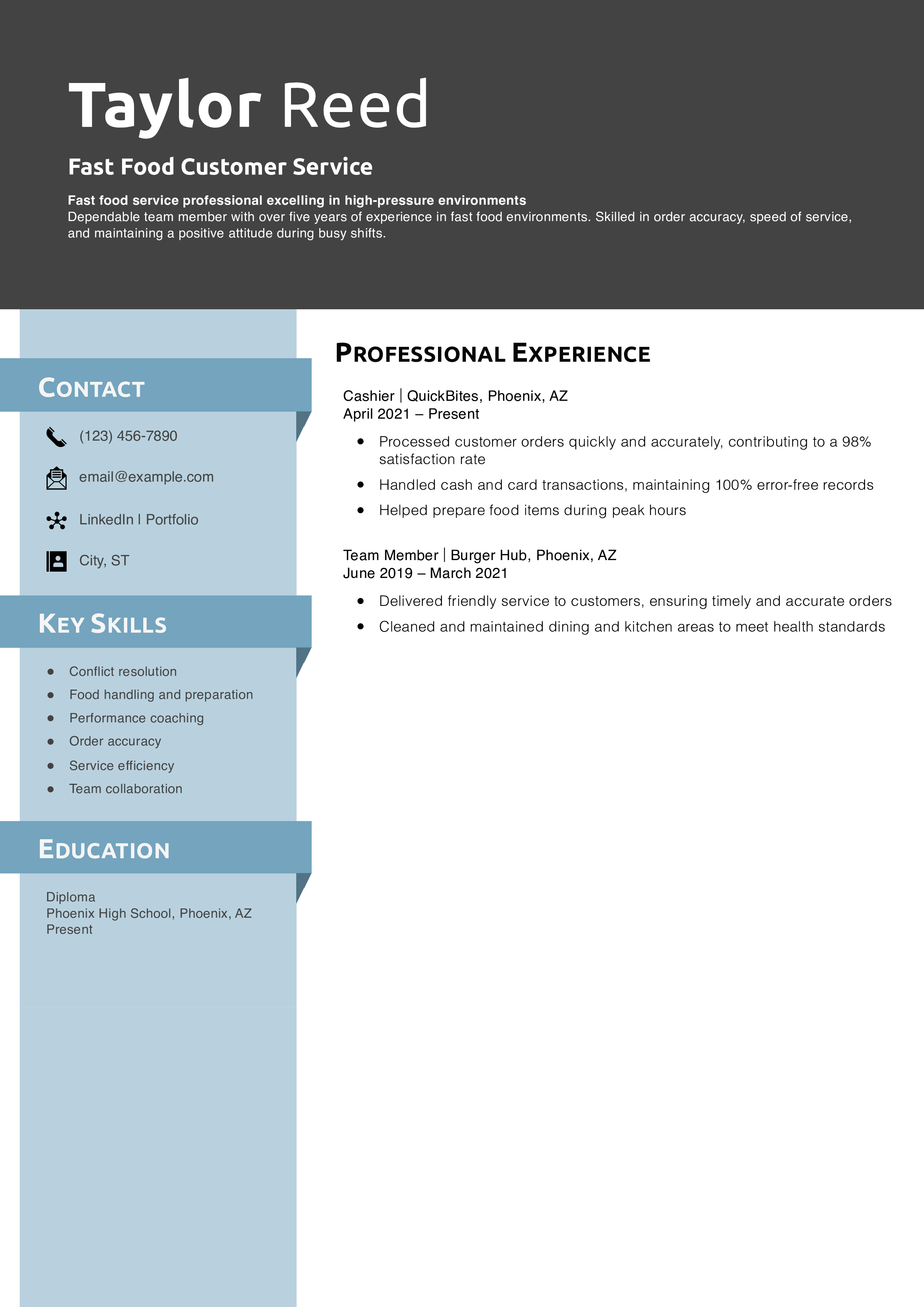 Fast Food Customer Service Resume