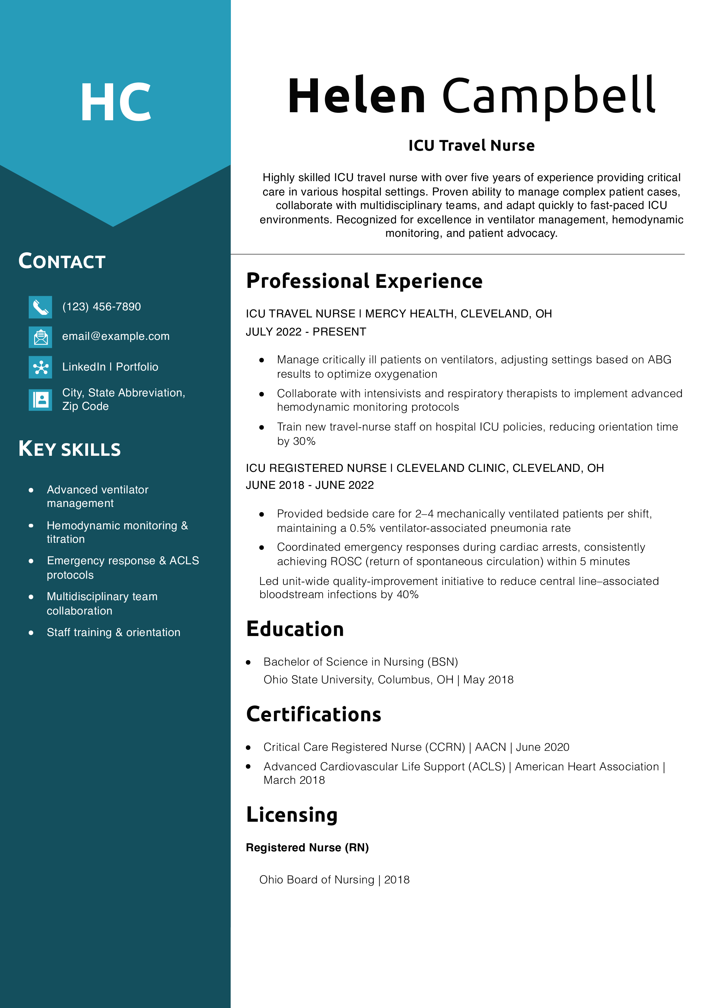 ICU Travel Nurse Resume Example