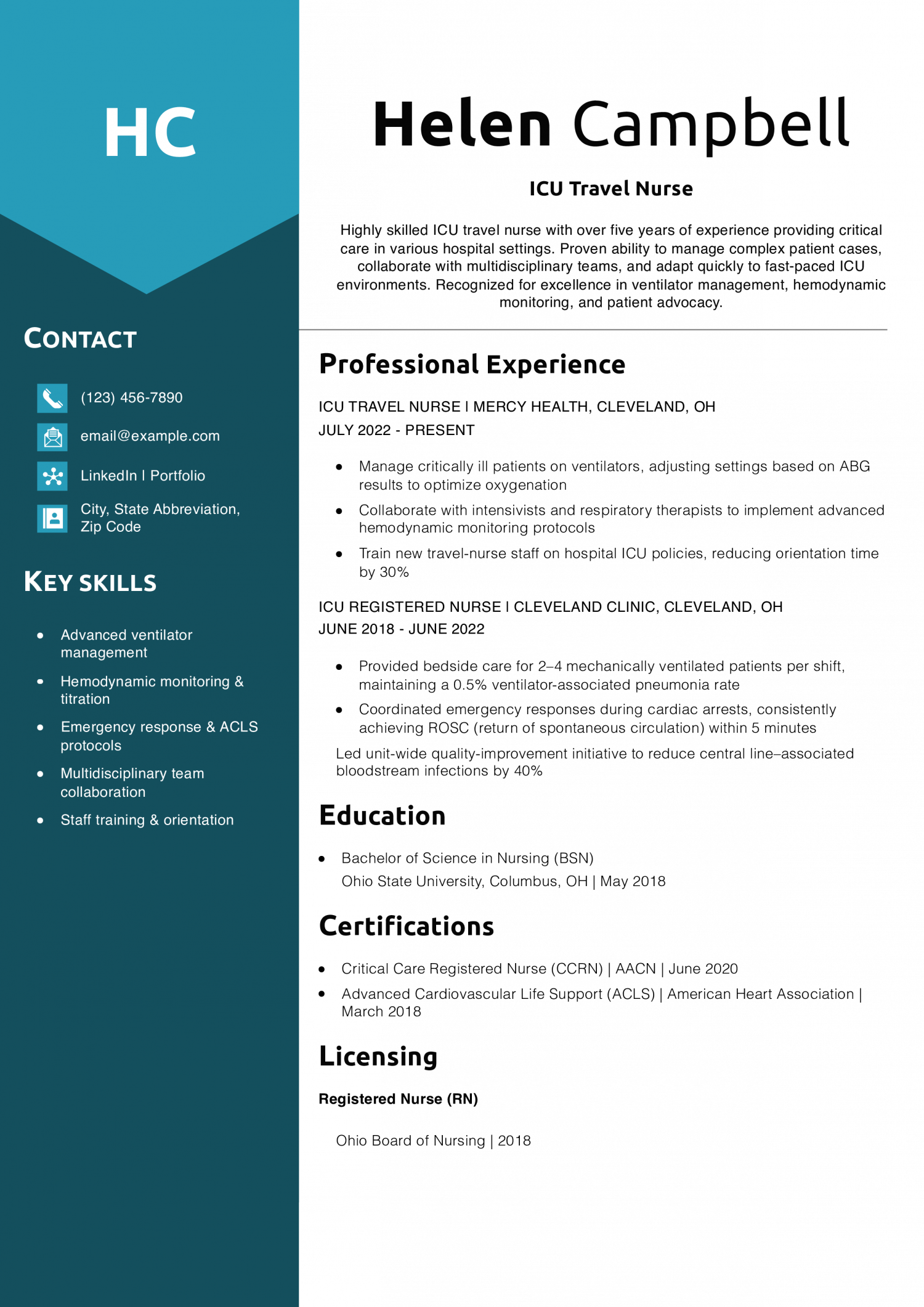 ICU Travel Nurse Resume Example