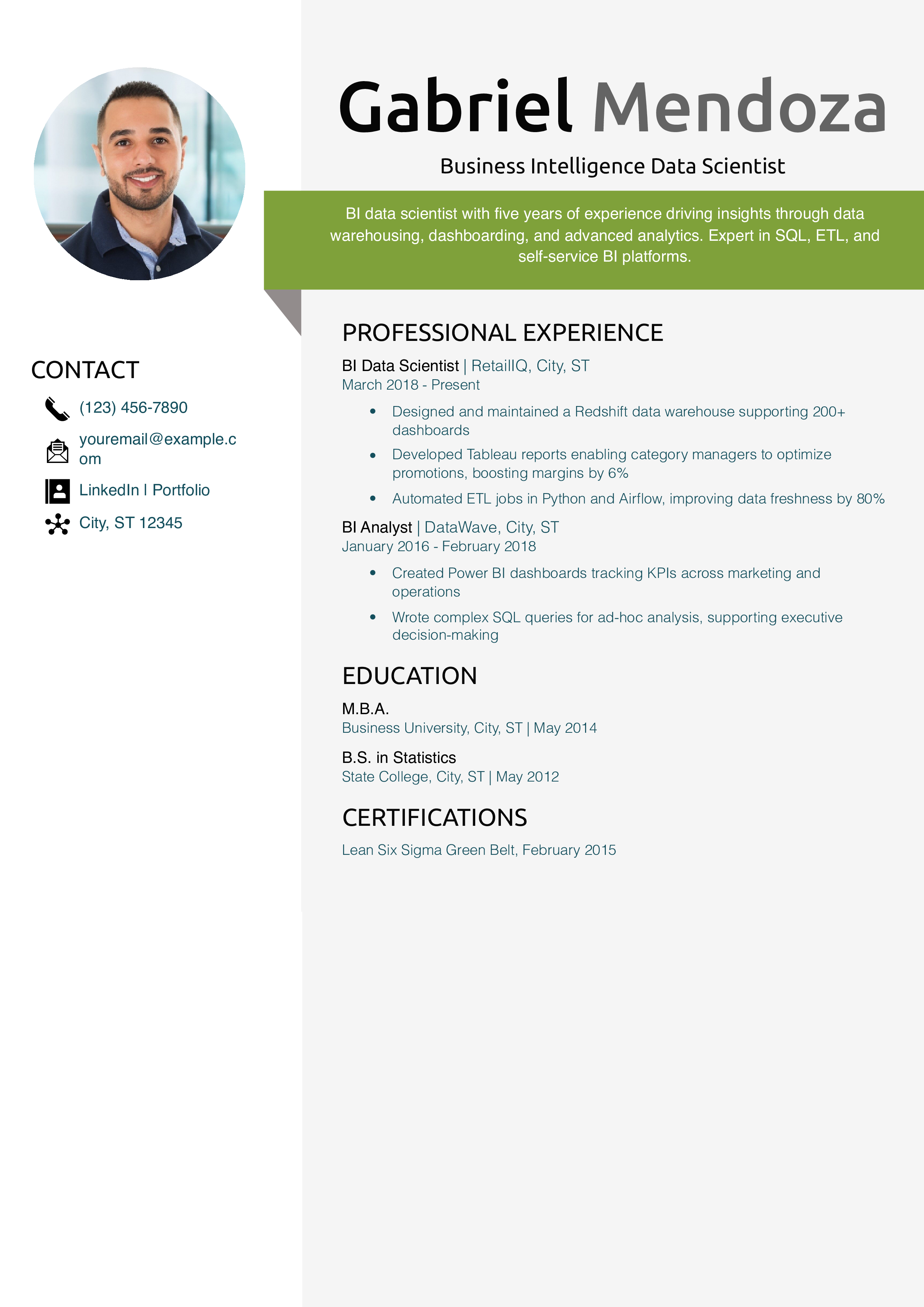 Business Intelligence Data Scientist Resume Example