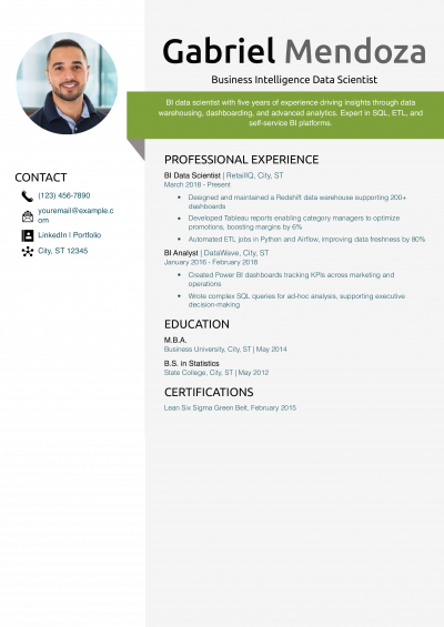 Business Intelligence Data Scientist Resume Example