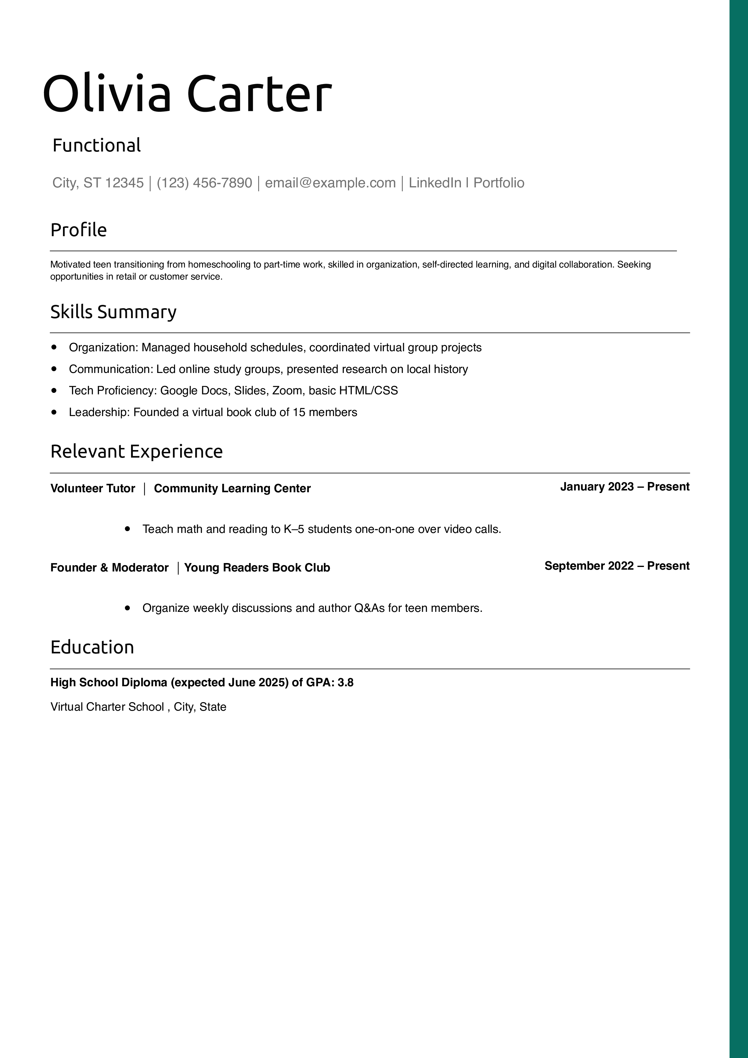 Functional Resume Example for Teens