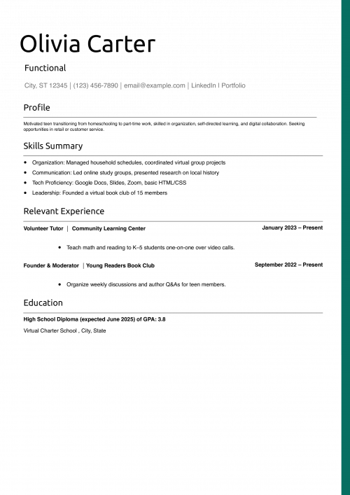 Functional Resume Example for Teens