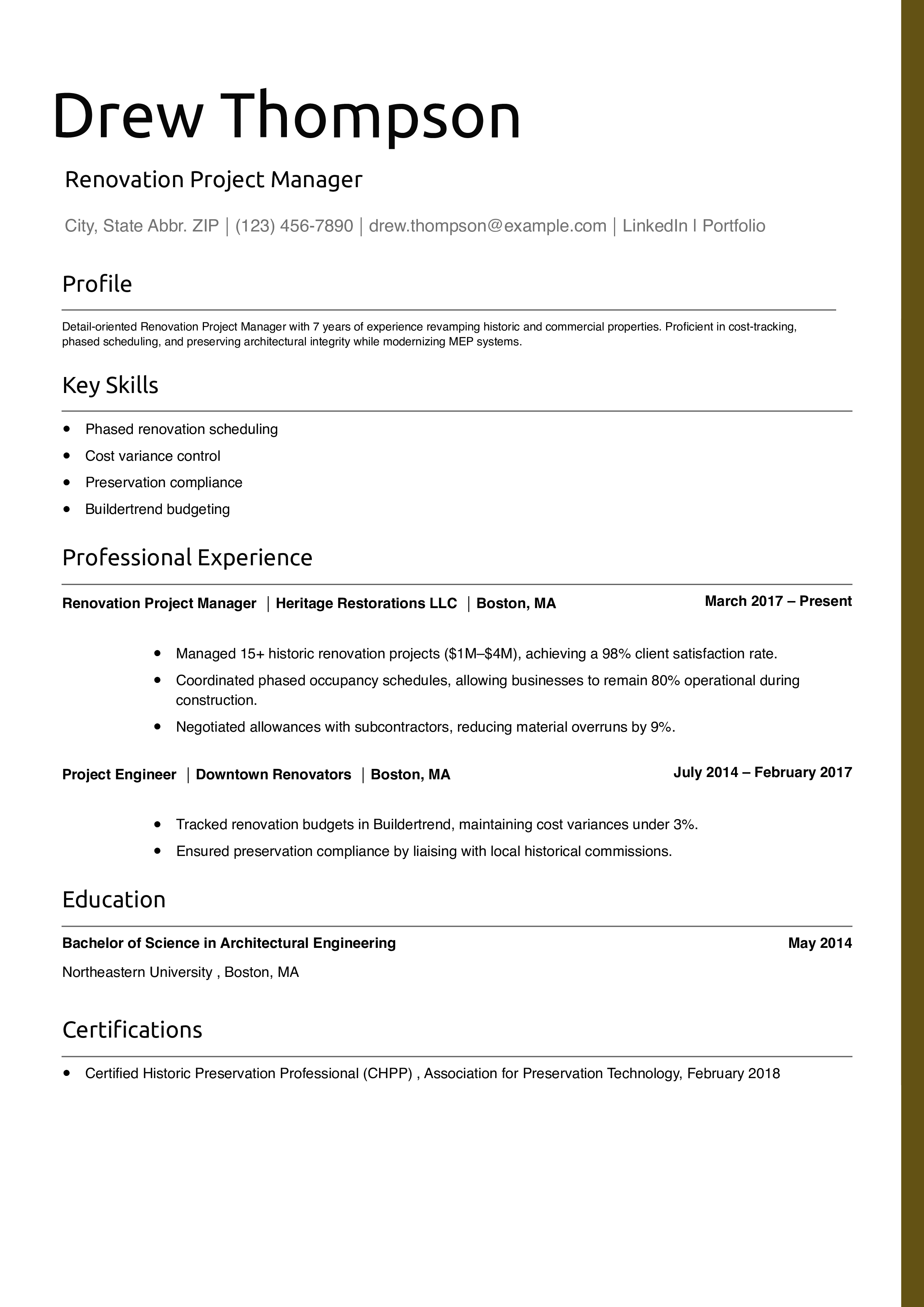 Renovation Project Manager Resume Example 
