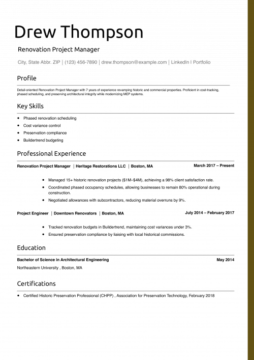 Renovation Project Manager Resume Example 