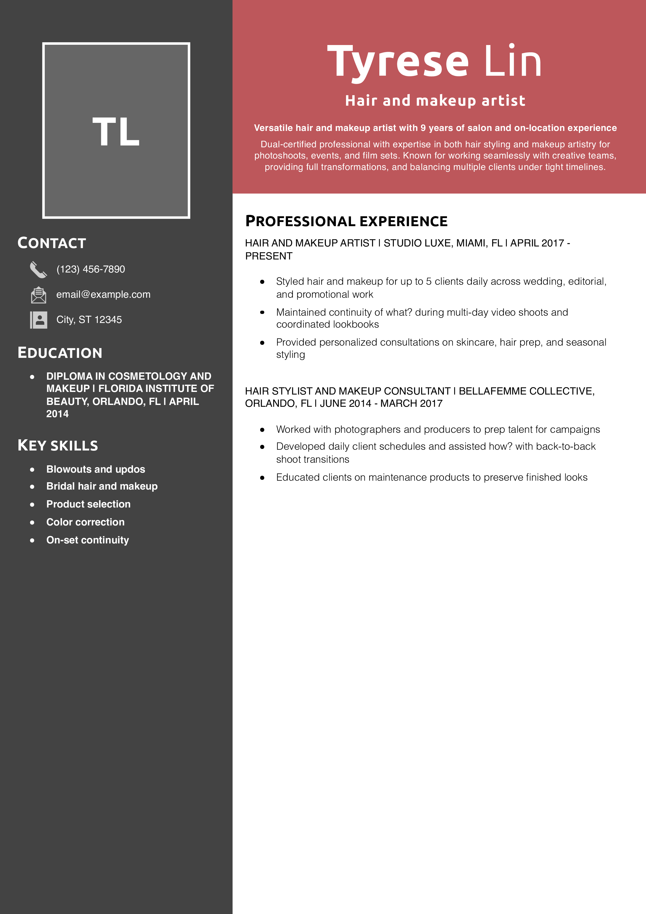 Hair and makeup artist resume example