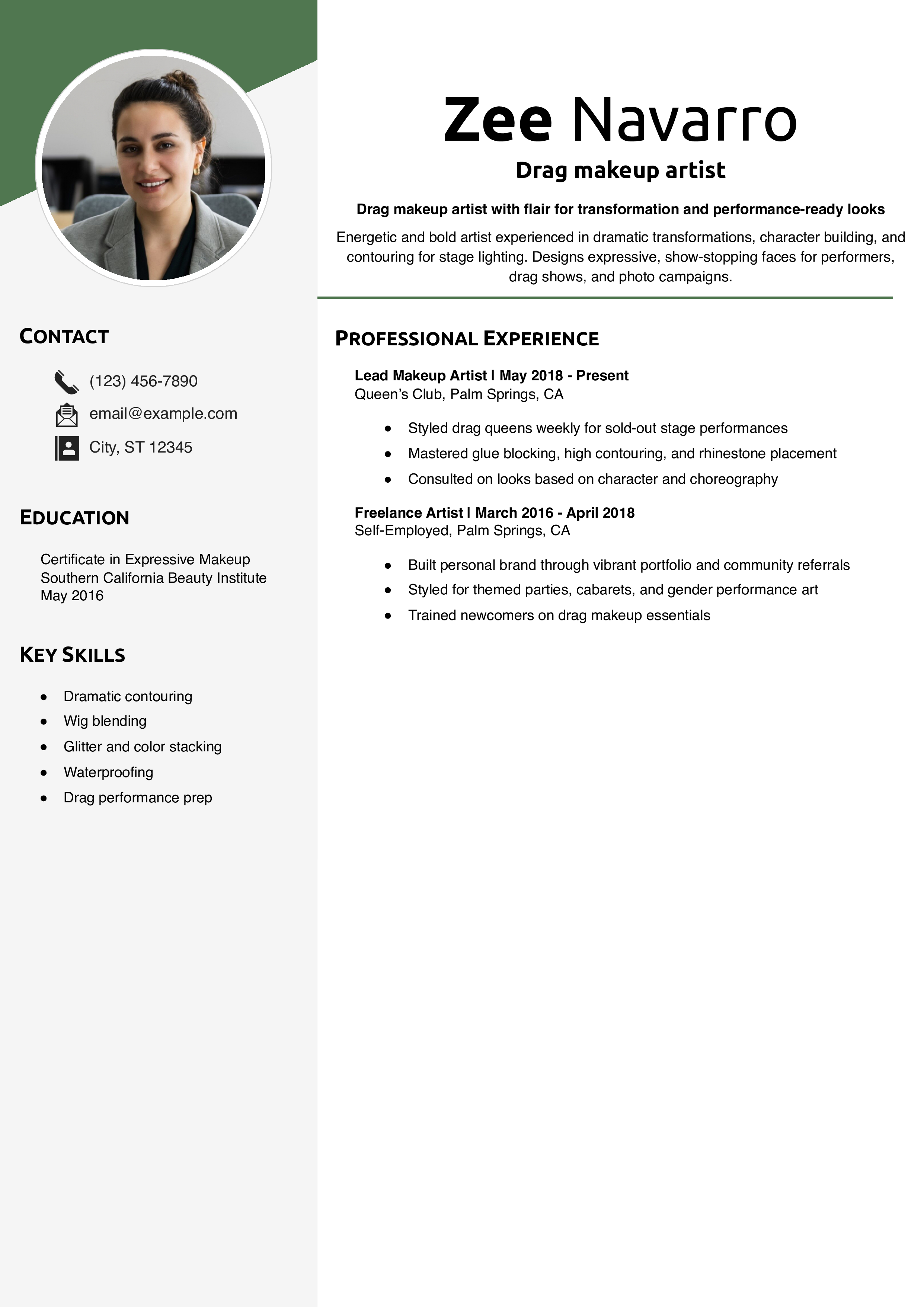 Drag makeup artist resume example
