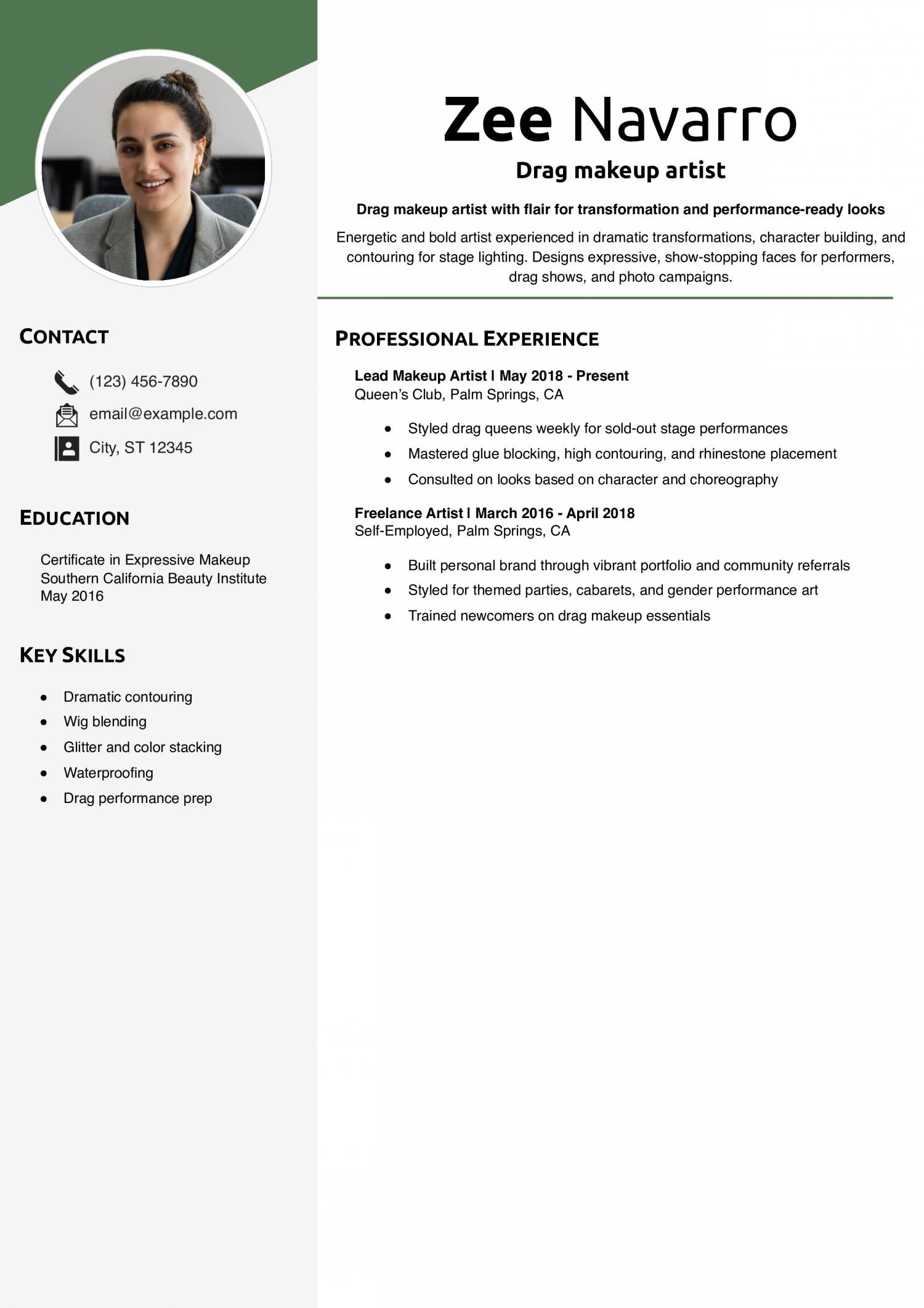 Drag makeup artist resume example