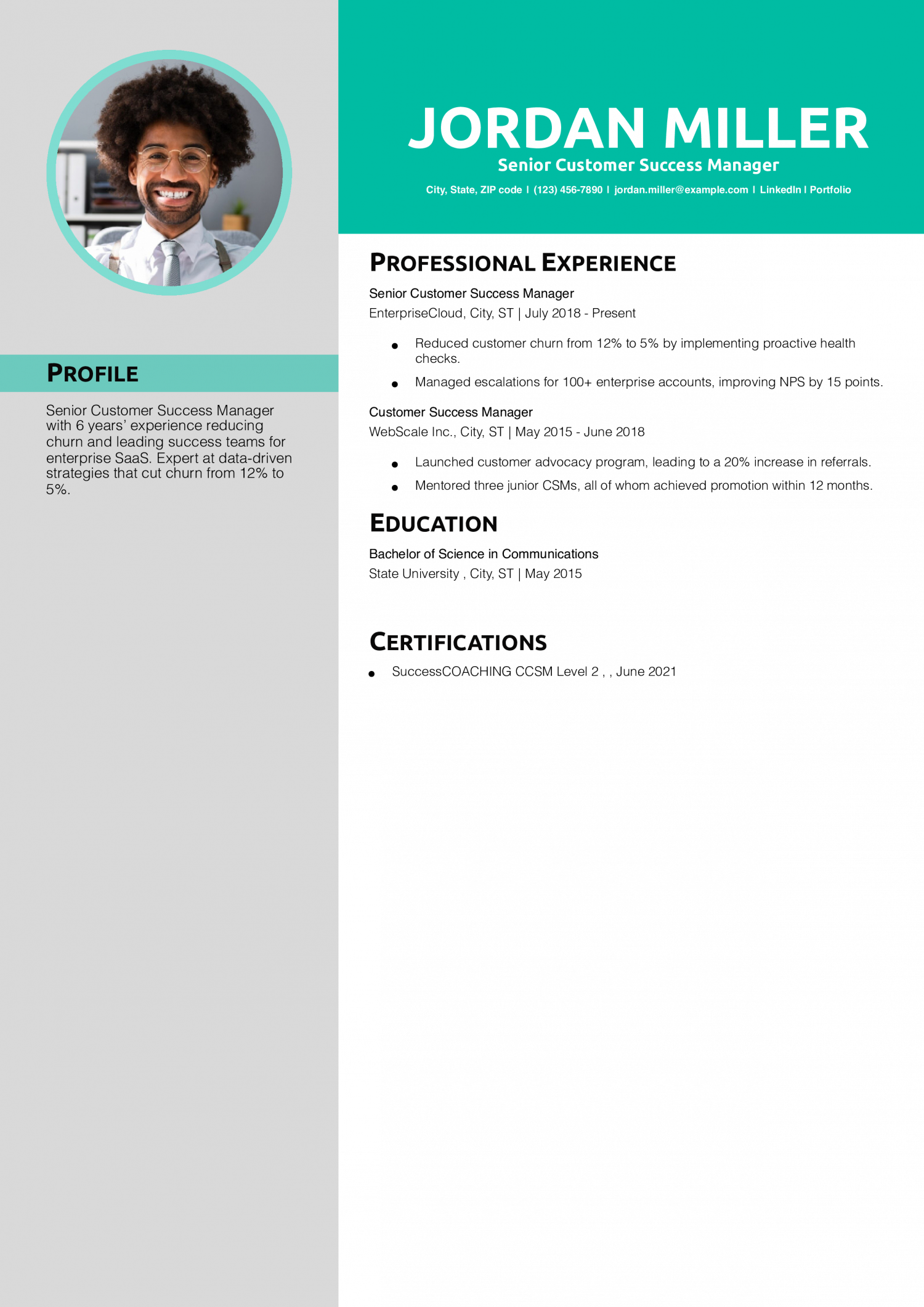 Senior Customer Success Manager Resume Example