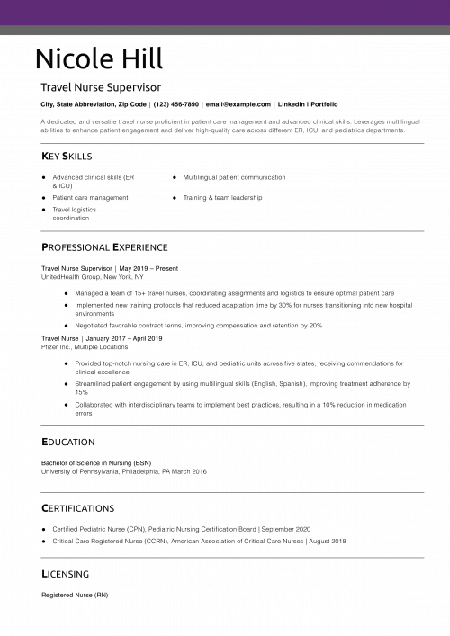 Travel Nurse Supervisor Resume Example