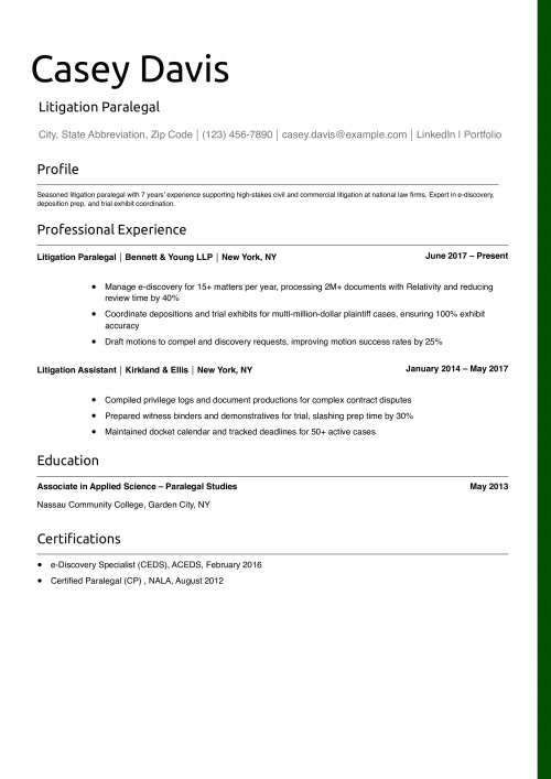 Litigation Paralegal Resume Example