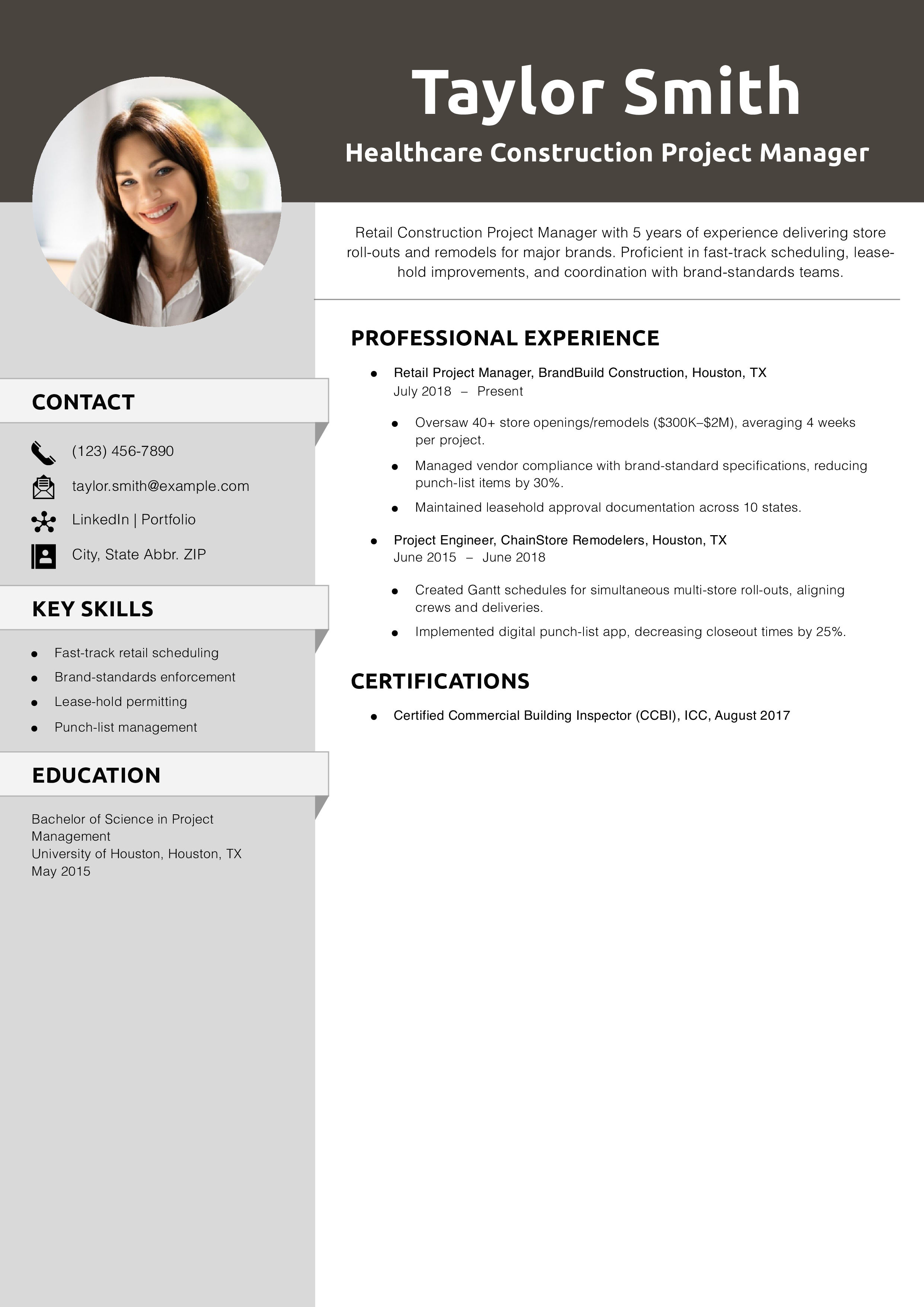 Retail Construction Project Manager Resume Example 