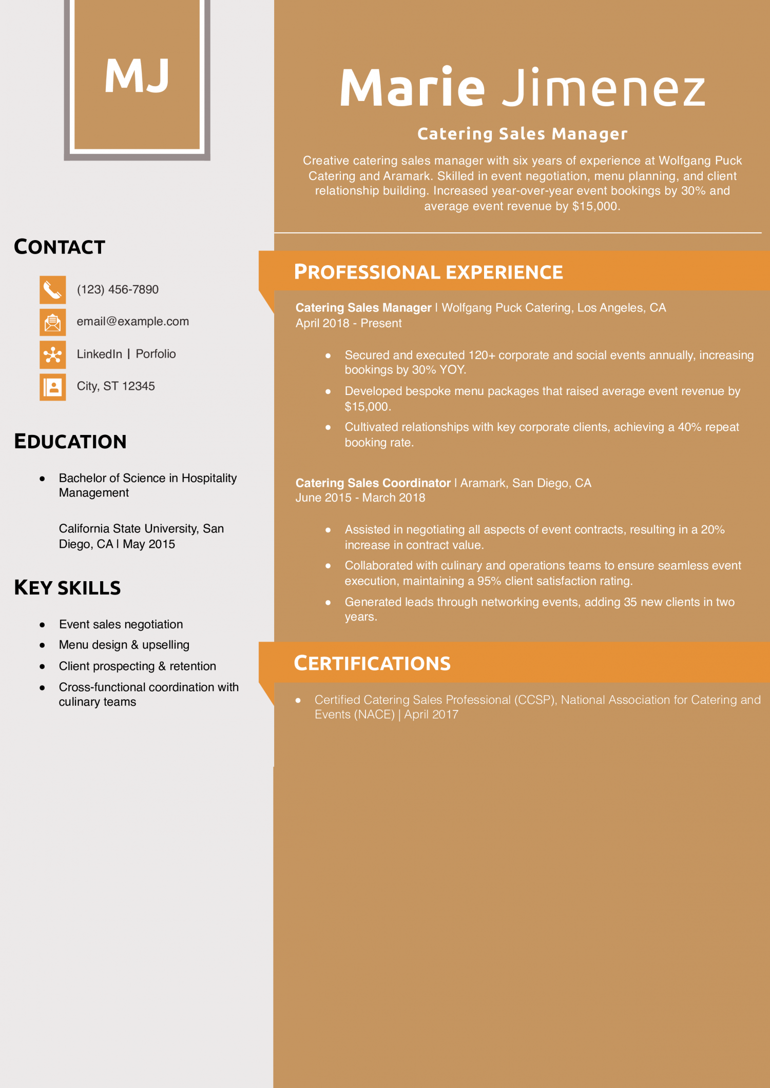 Catering Sales Manager Resume Example