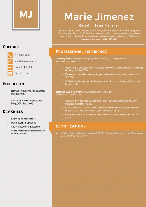 Catering Sales Manager Resume Example