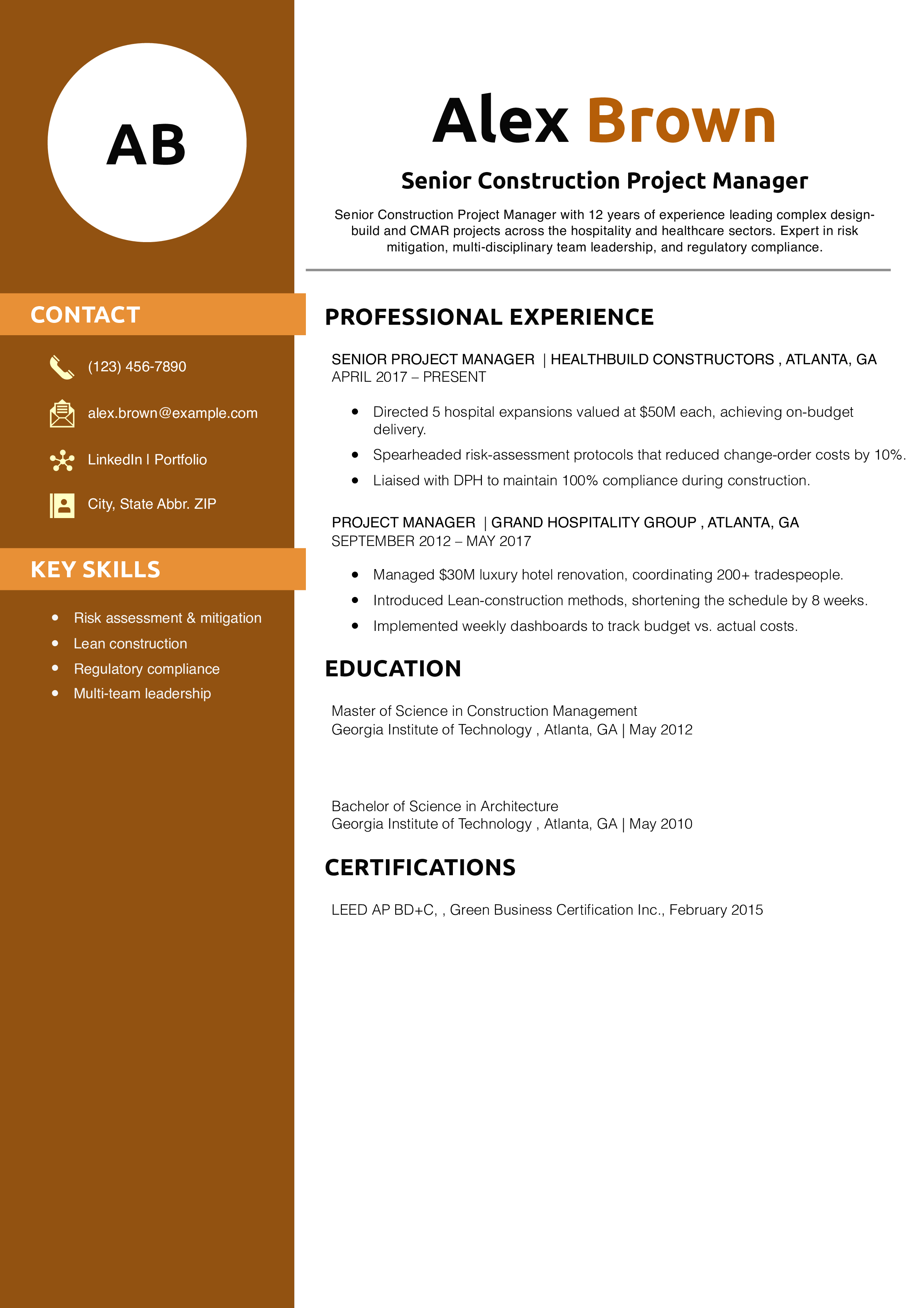 Senior Construction Project Manager Resume Example 