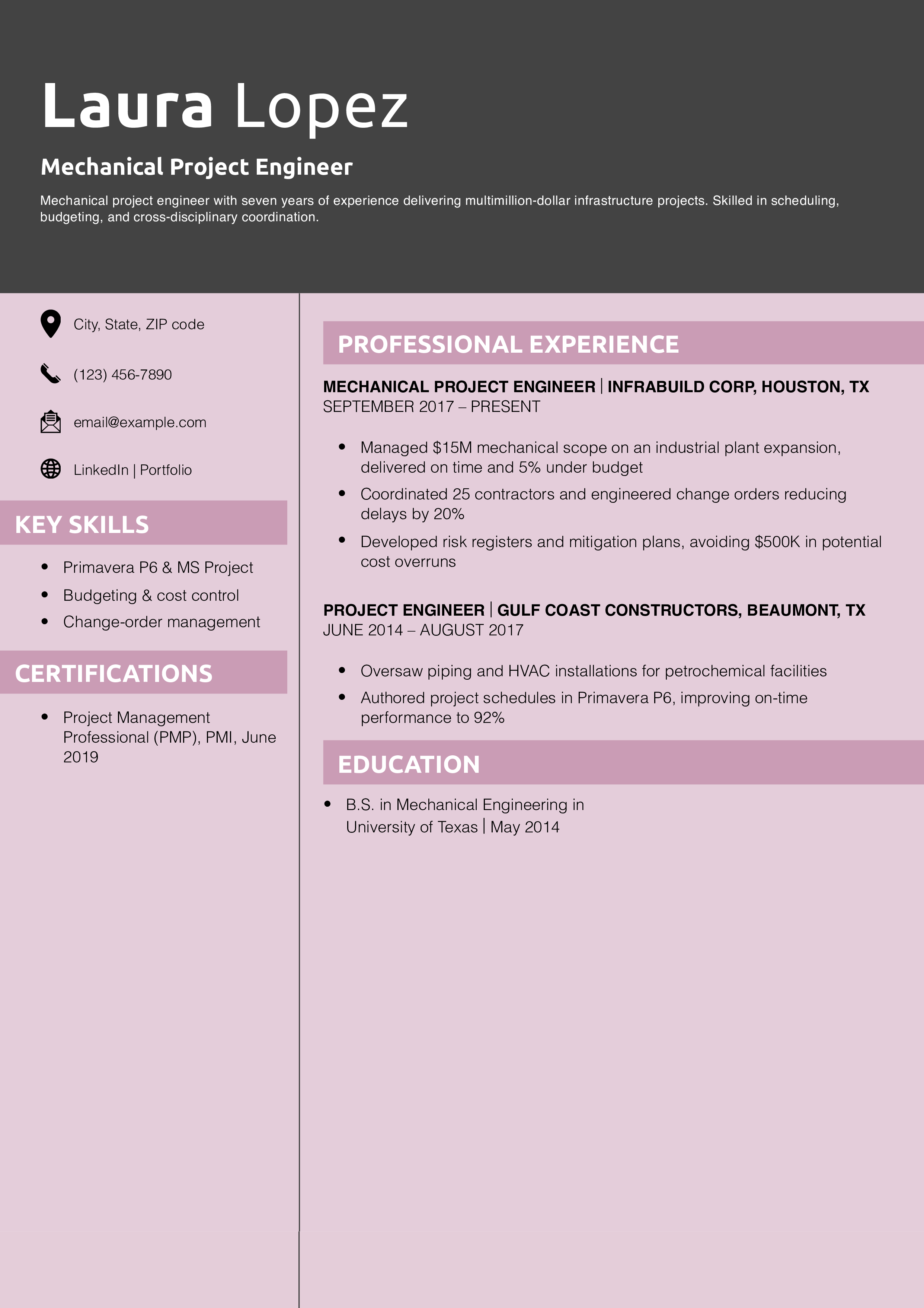 Mechanical Project Engineer Resume Example