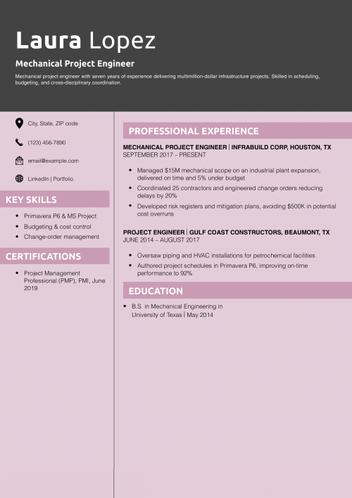 Mechanical Project Engineer Resume Example