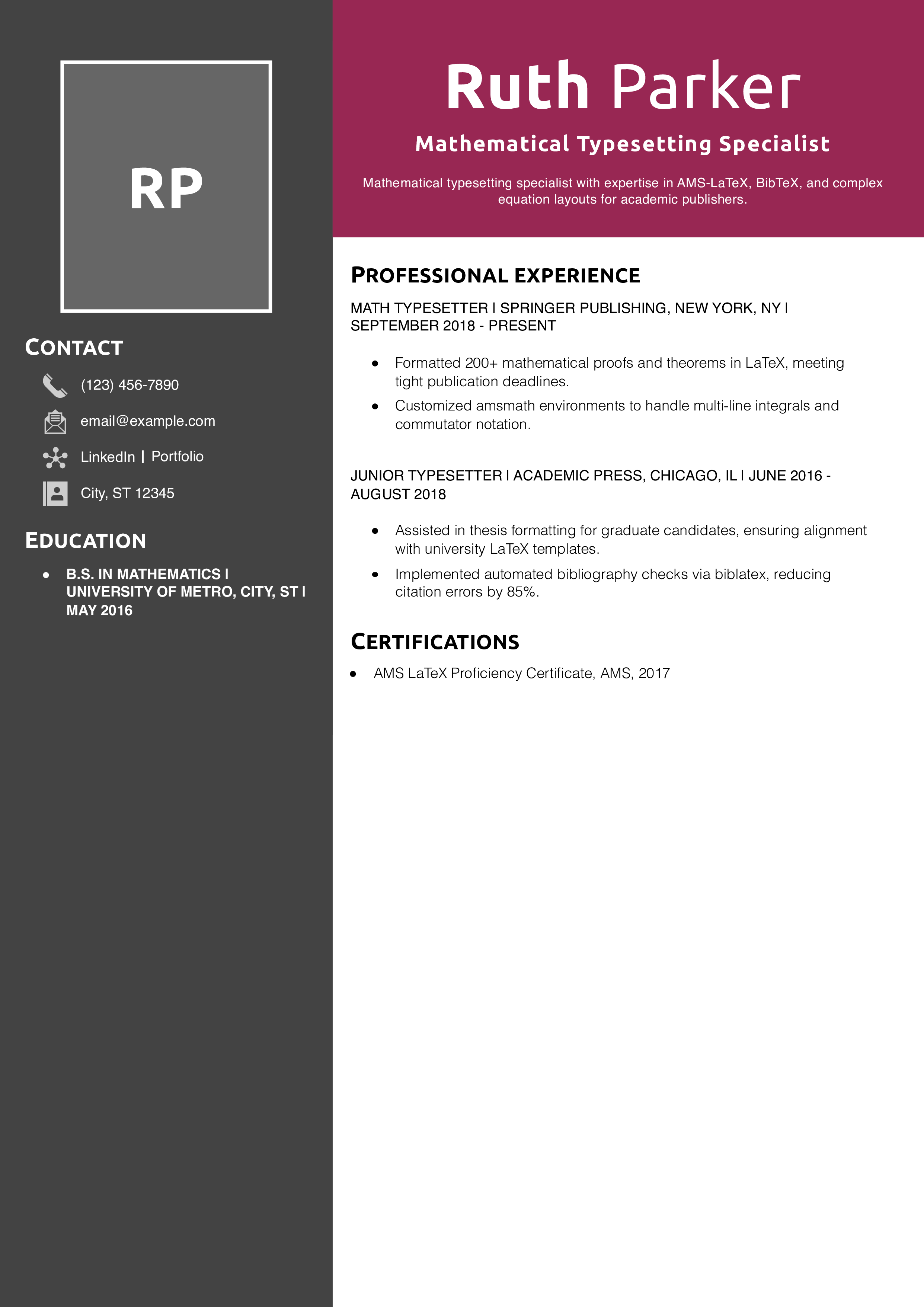Mathematical Typesetting Specialist Resume Example