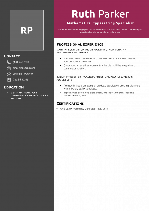 Mathematical Typesetting Specialist Resume Example
