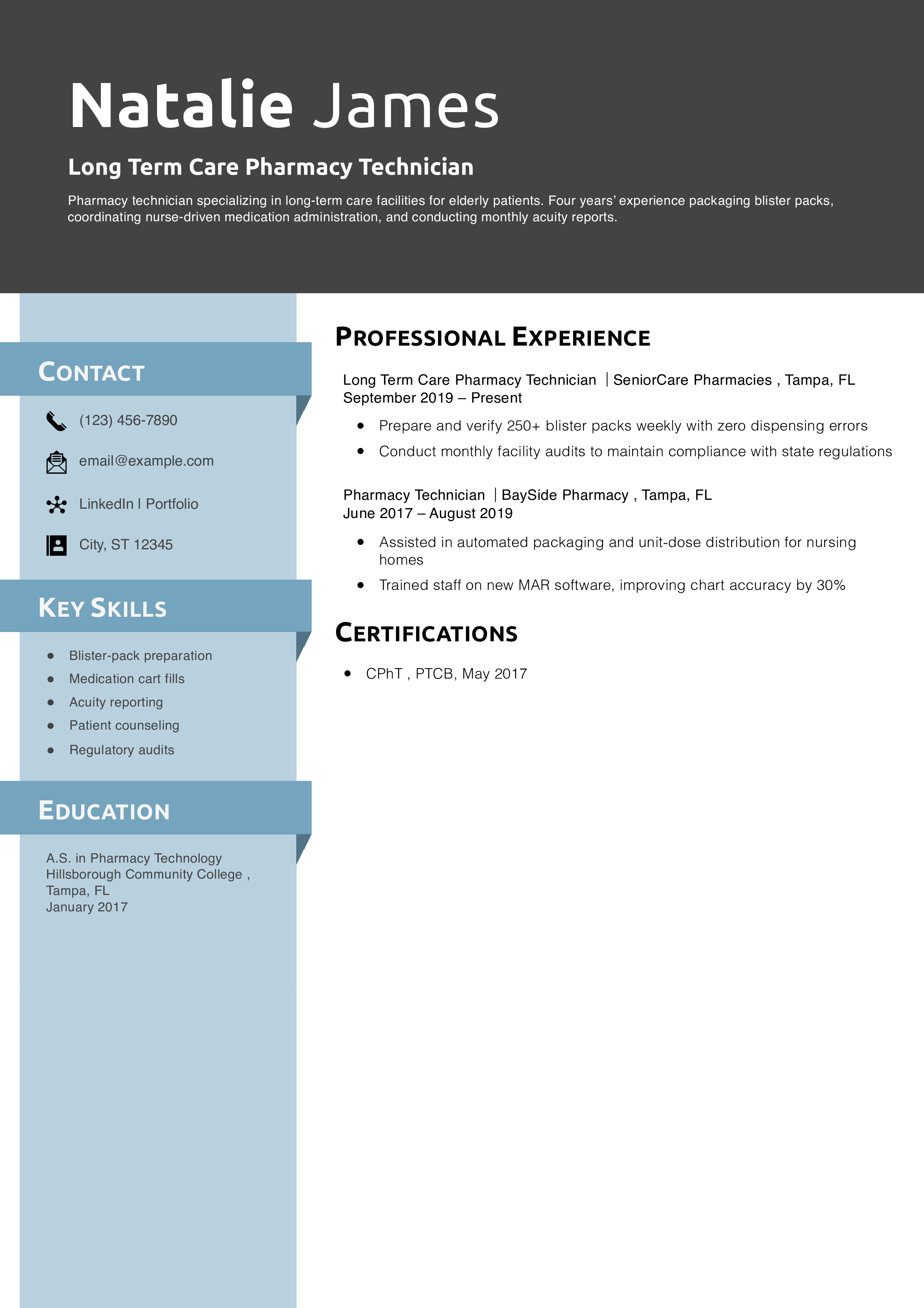 Long Term Care Pharmacy Technician Resume Example