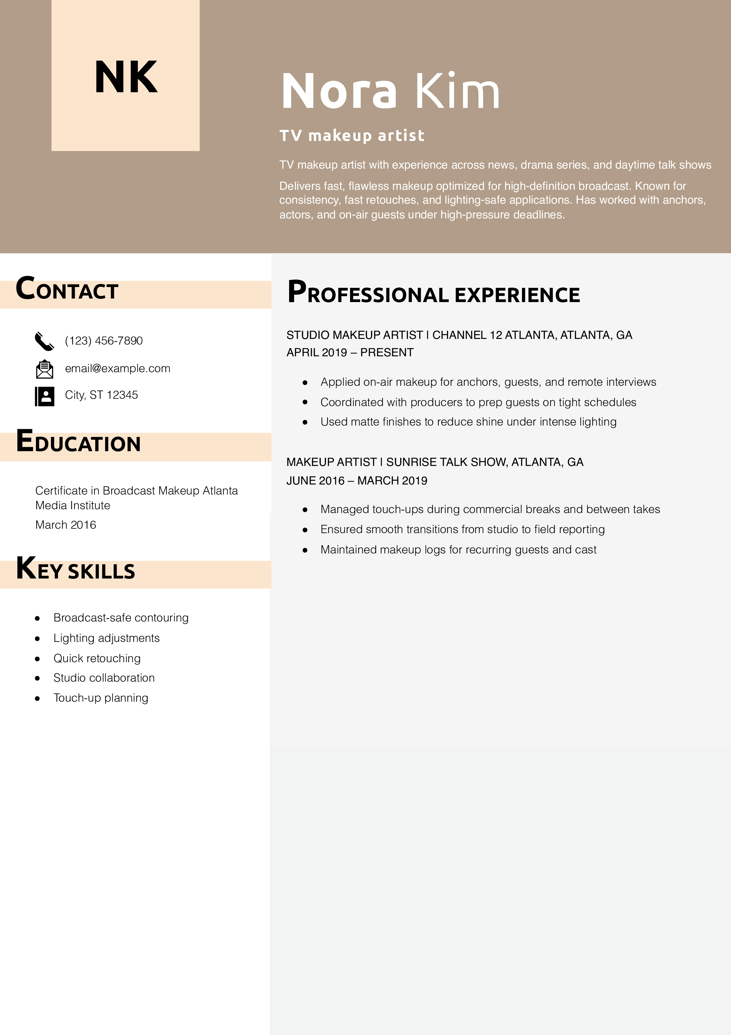 TV makeup artist resume example