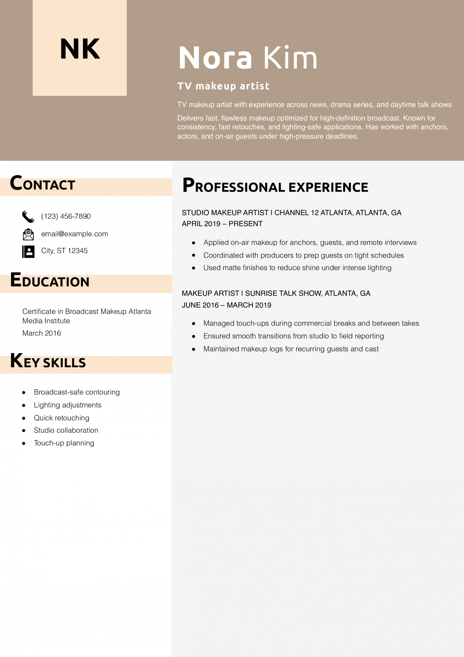 TV makeup artist resume example