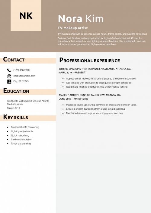 TV makeup artist resume example