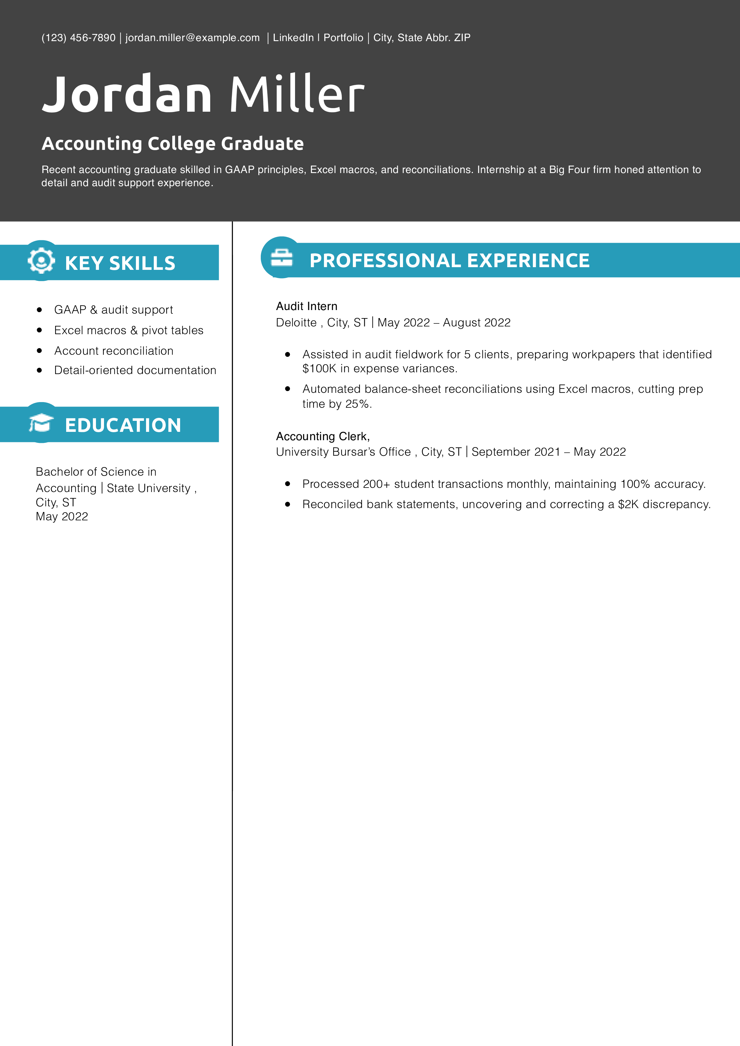 Recent Accounting College Graduate Resume Example 
