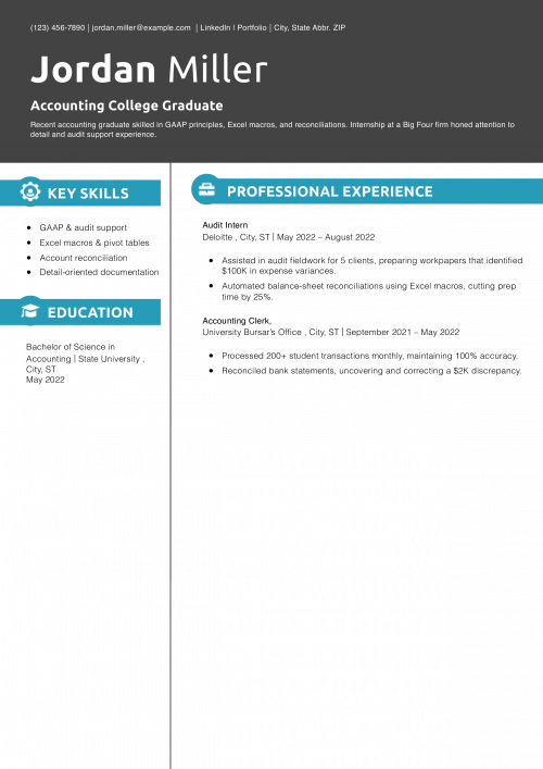 Recent Accounting College Graduate Resume Example 