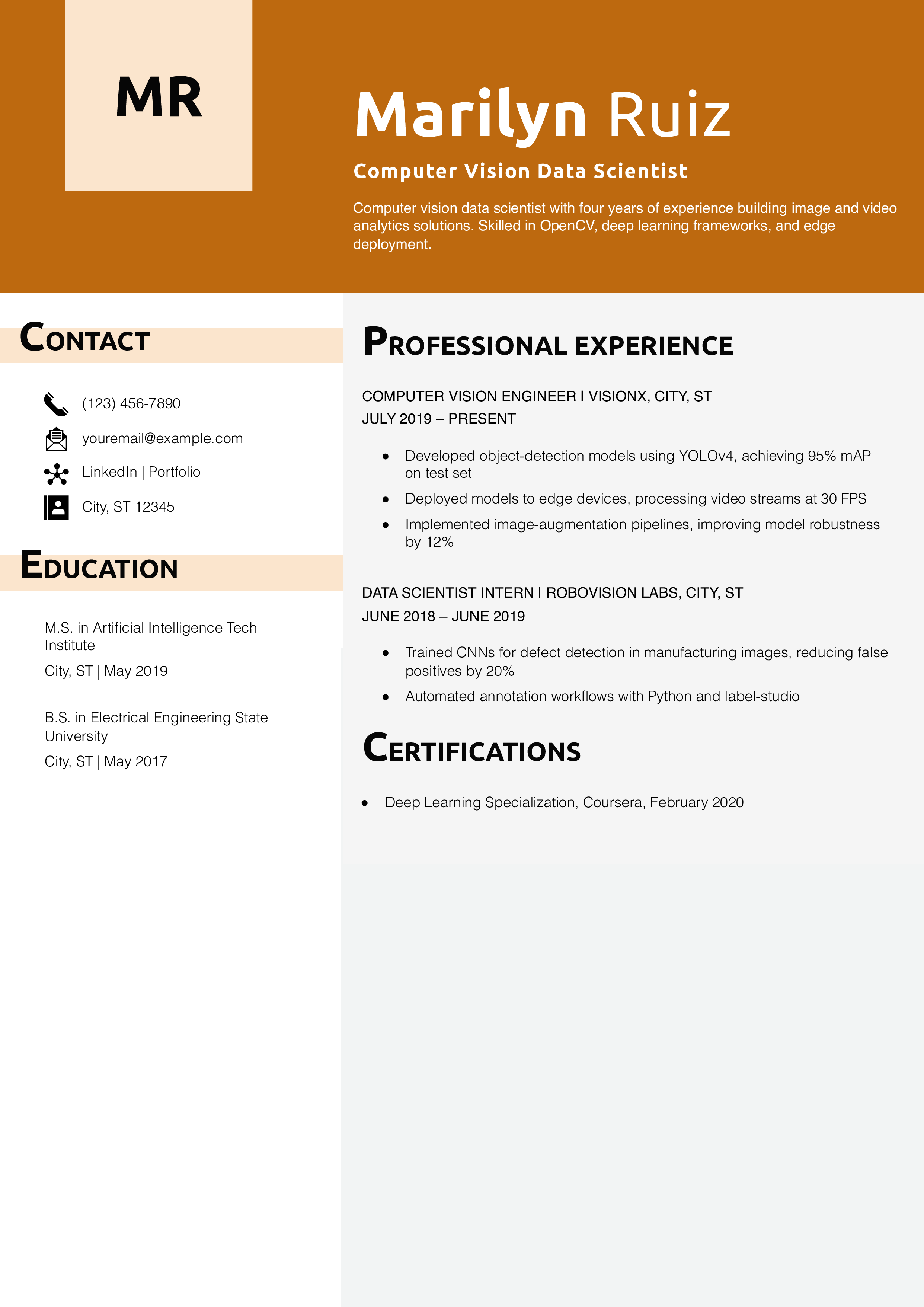 Computer Vision Data Scientist Resume Example