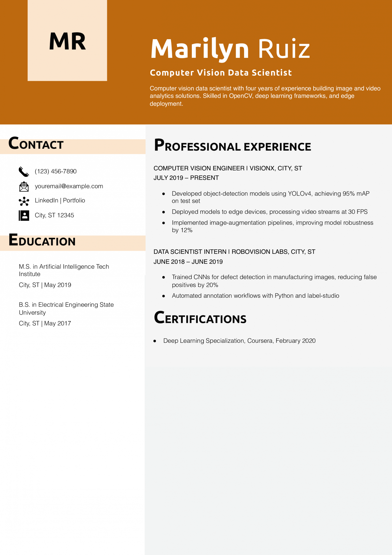 Computer Vision Data Scientist Resume Example