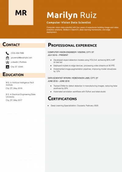 Computer Vision Data Scientist Resume Example