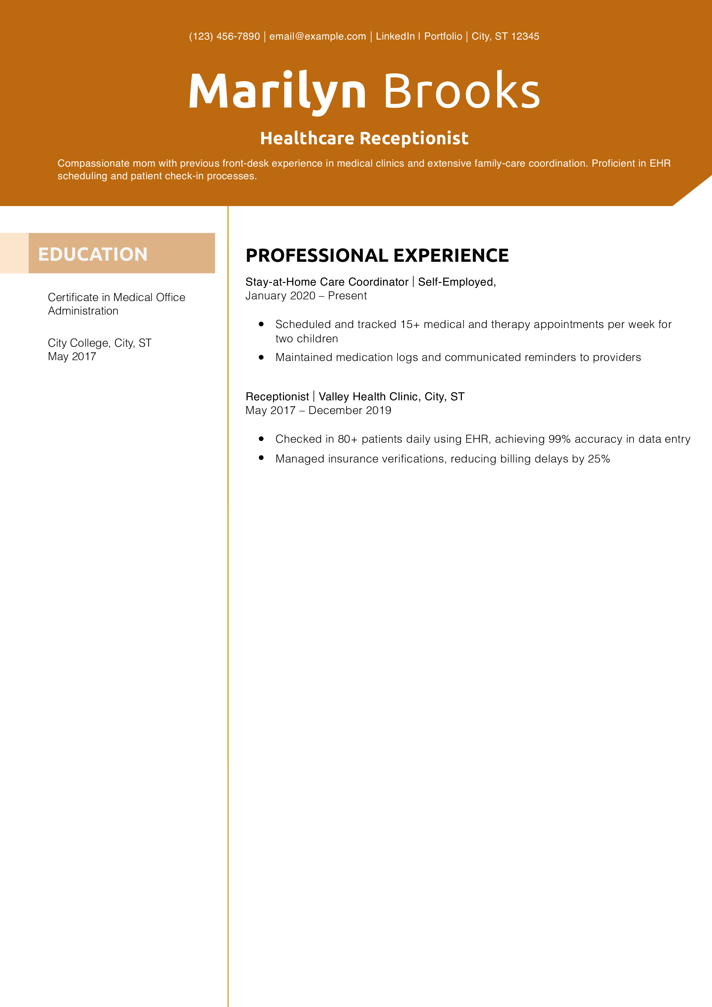 Healthcare Receptionist Resume Example