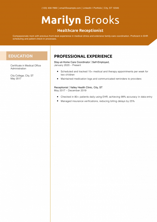 Healthcare Receptionist Resume Example