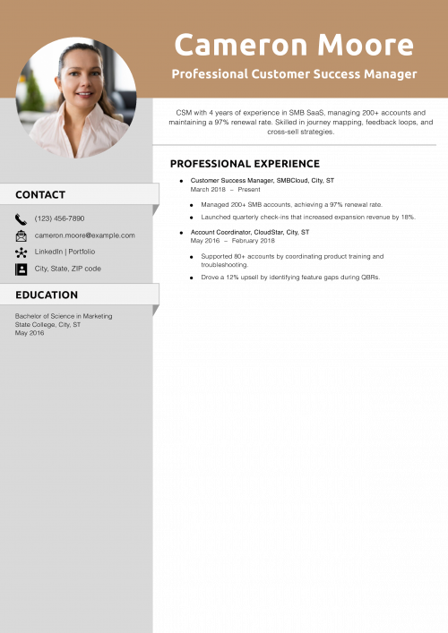 Professional Customer Success Manager Resume Example 