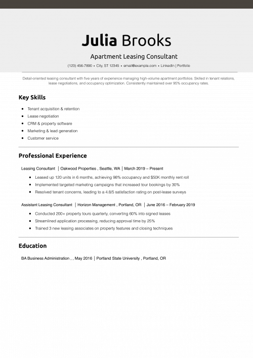 Apartment Leasing Consultant Resume Example