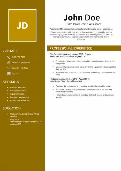 Film Production Assistant Resume