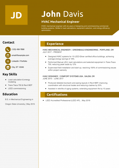 HVAC Mechanical Engineer Resume Example