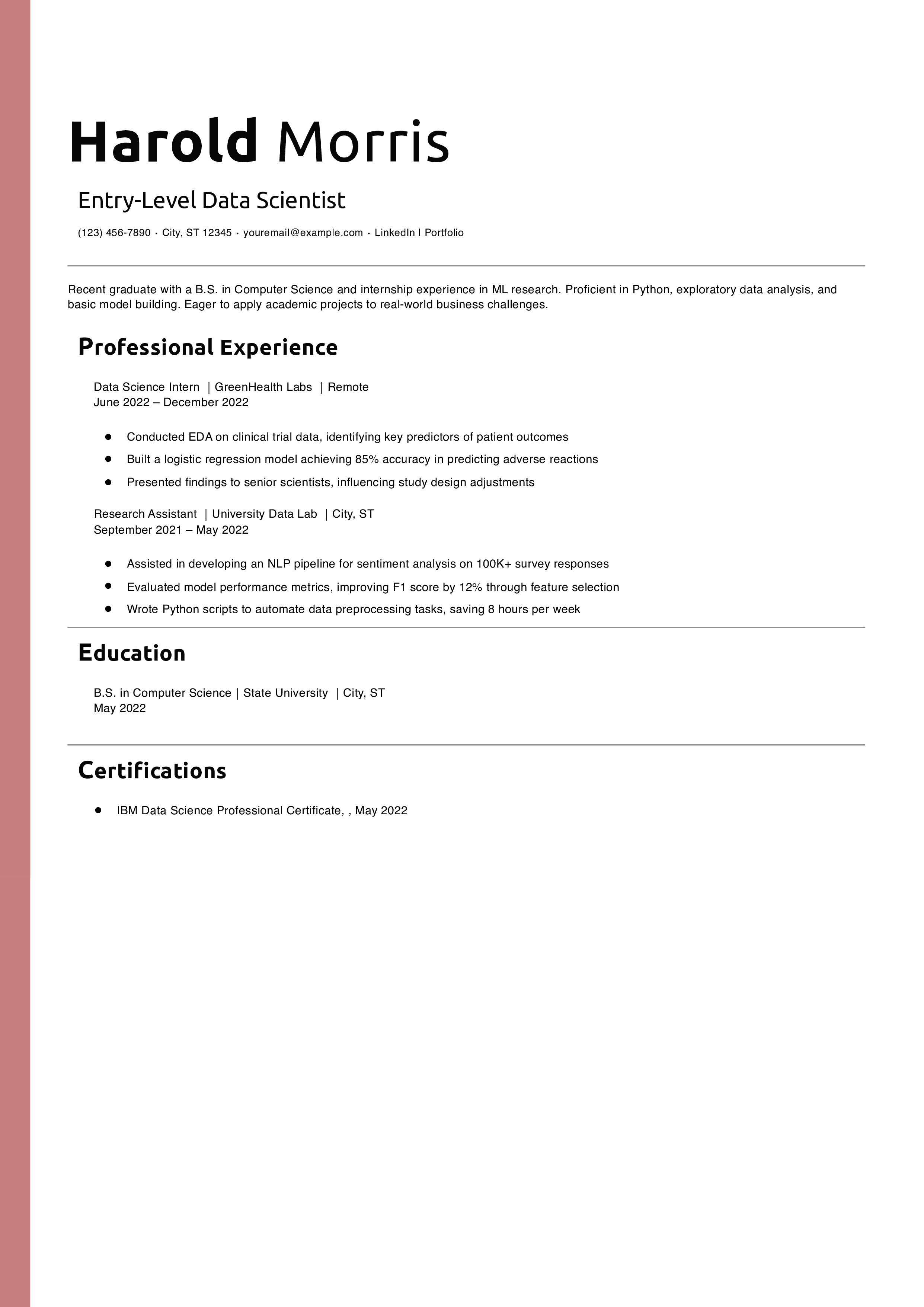 Entry-Level Data Scientist Resume Example