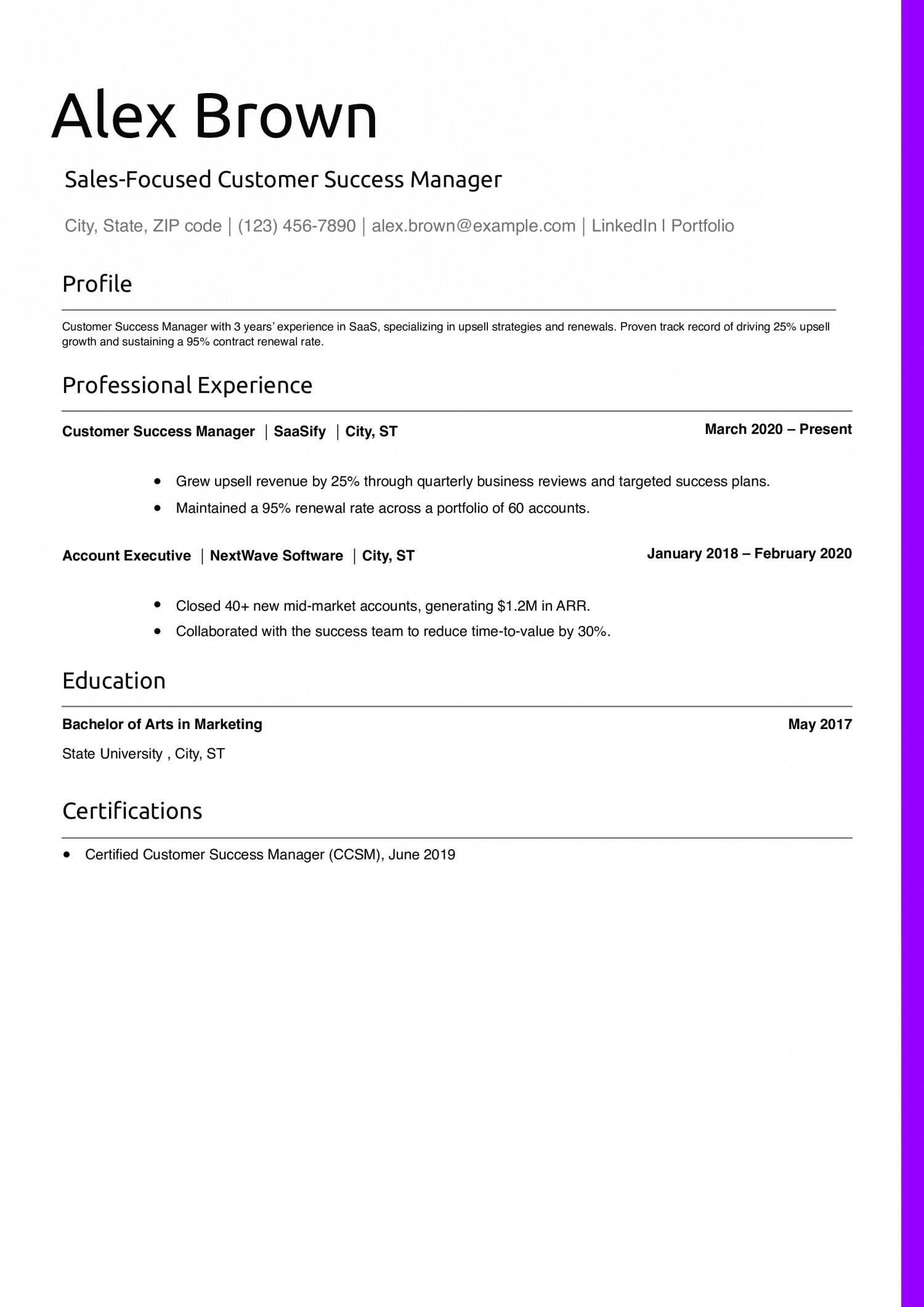 Sales-Focused Customer Success Manager Resume Example