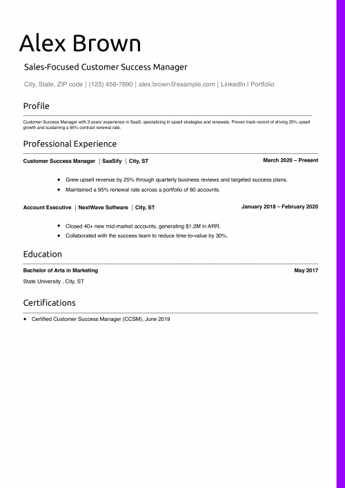 Sales-Focused Customer Success Manager Resume Example 
