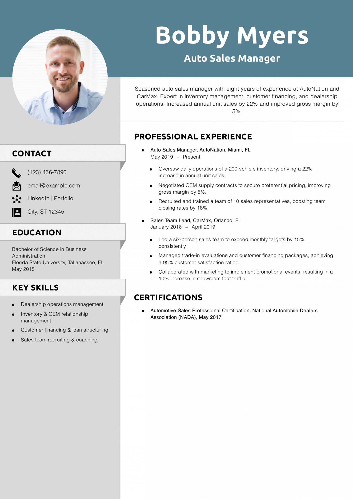 Auto Sales Manager Resume Example