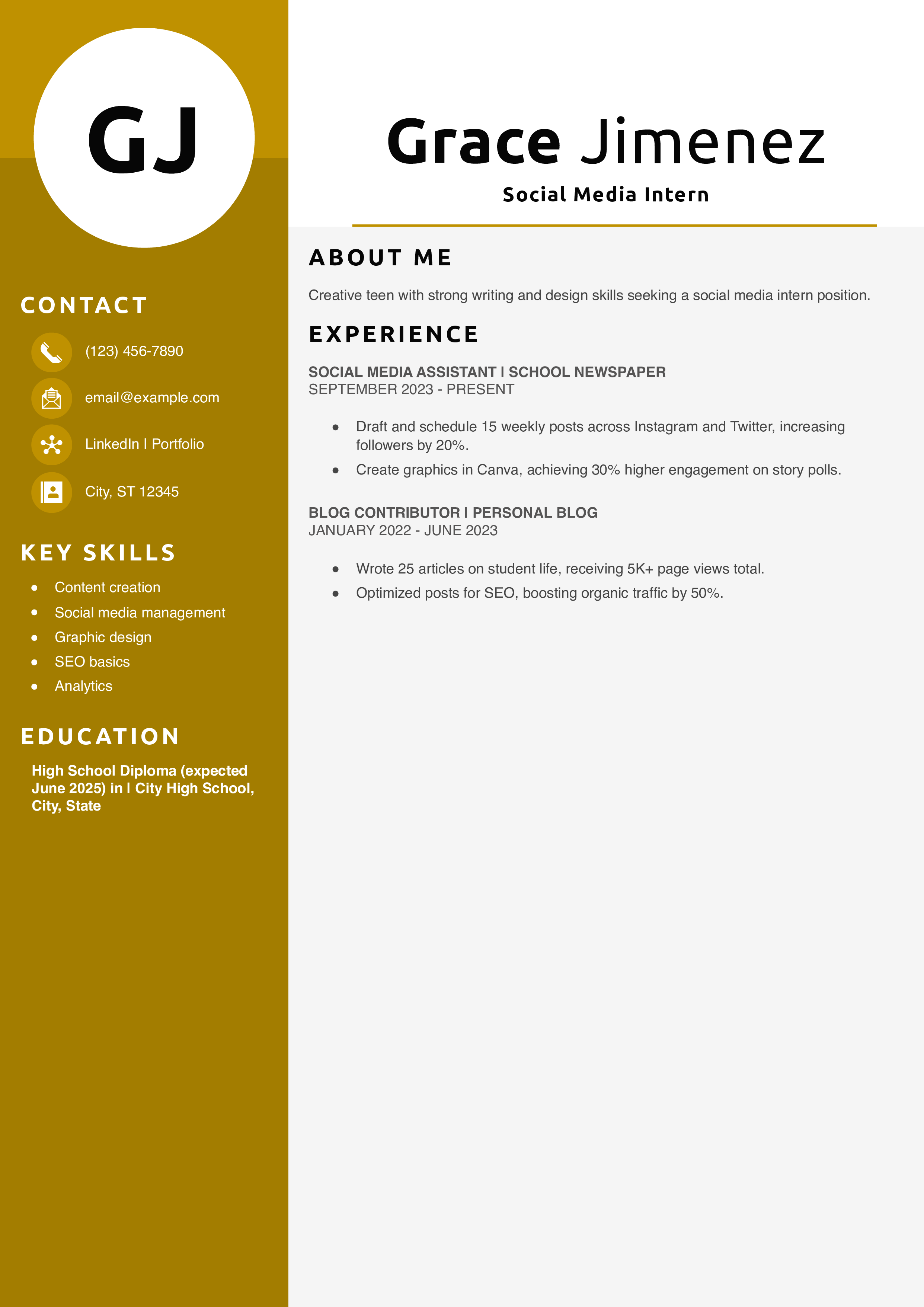 Social Media Intern Resume Example