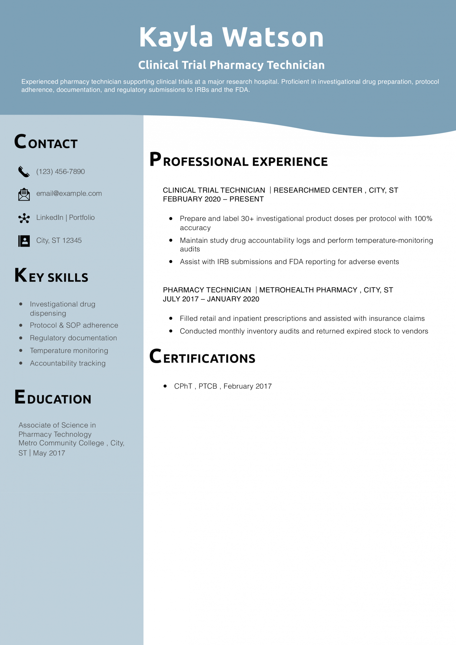 Clinical Trial Pharmacy Technician Resume Example  