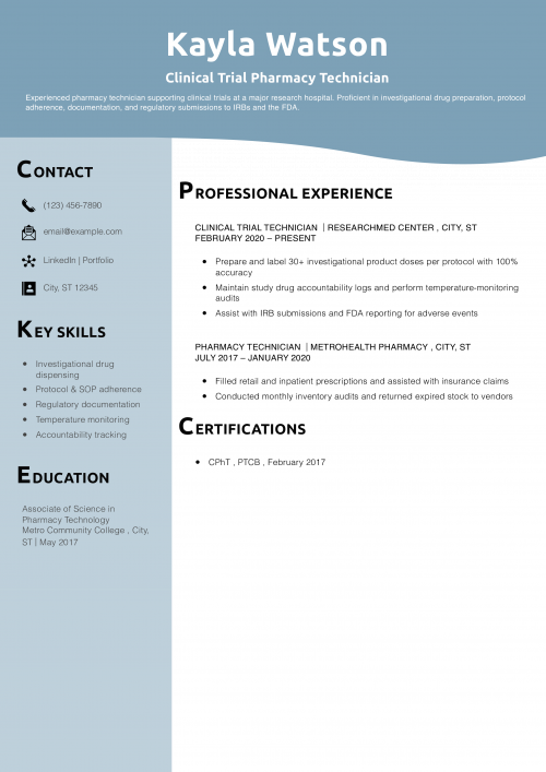 Clinical Trial Pharmacy Technician Resume Example  