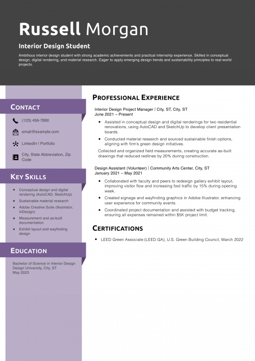Interior Design Student Resume Example