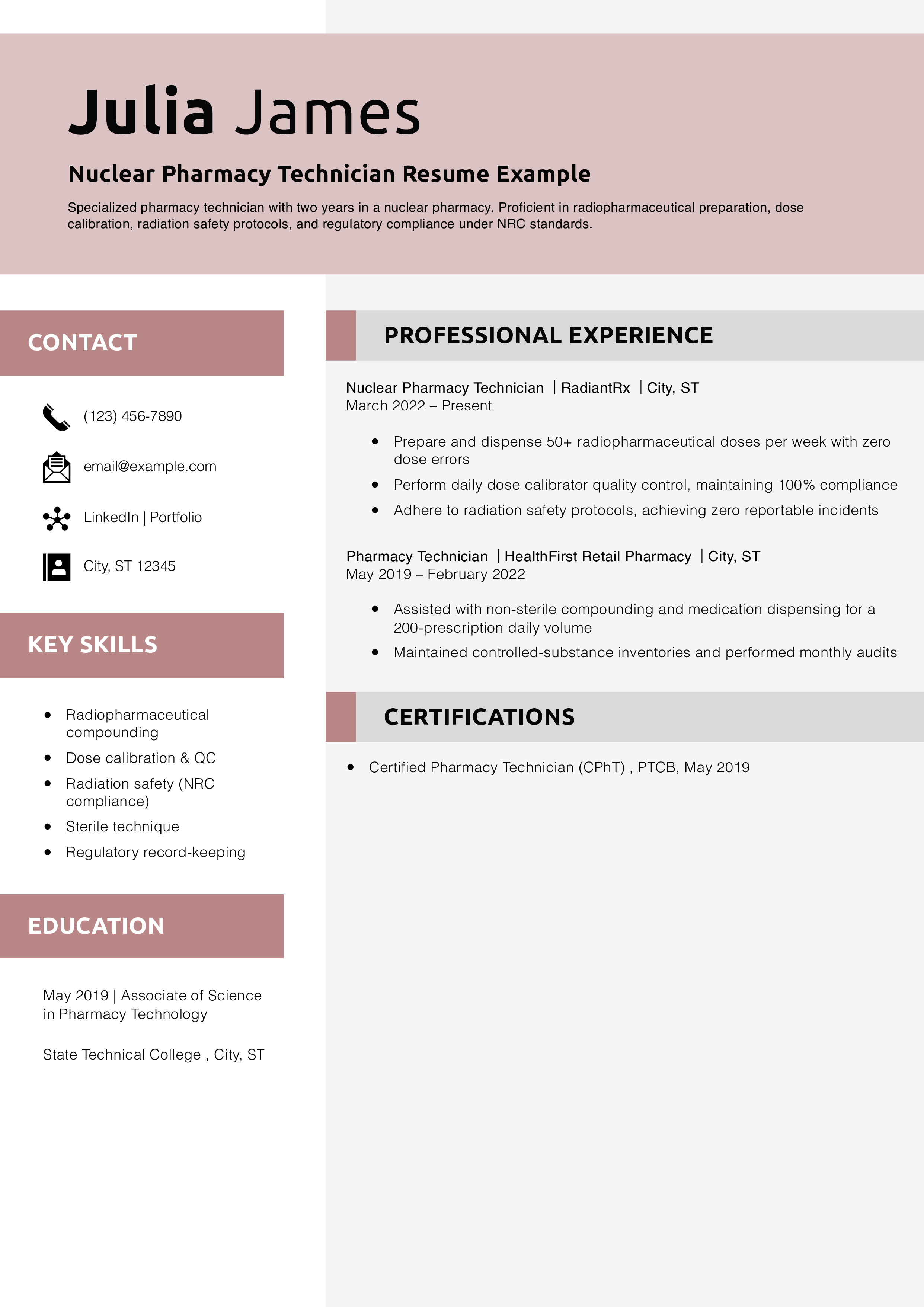 Nuclear Pharmacy Technician Resume Example