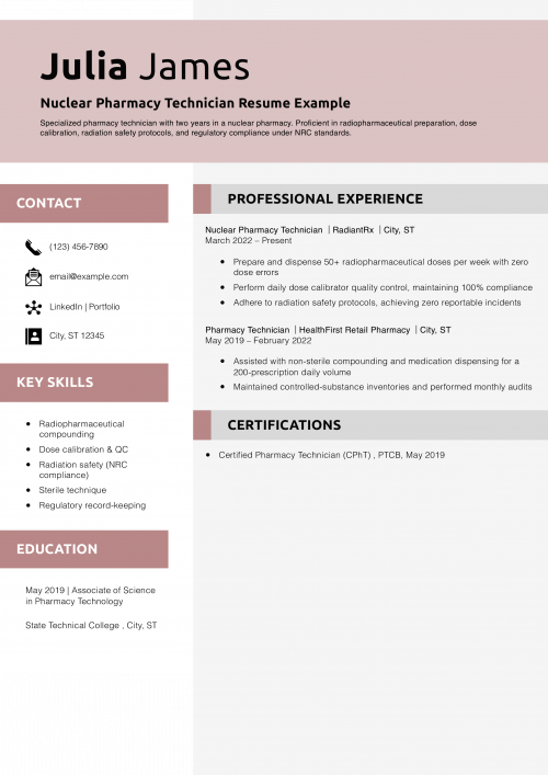 Nuclear Pharmacy Technician Resume Example