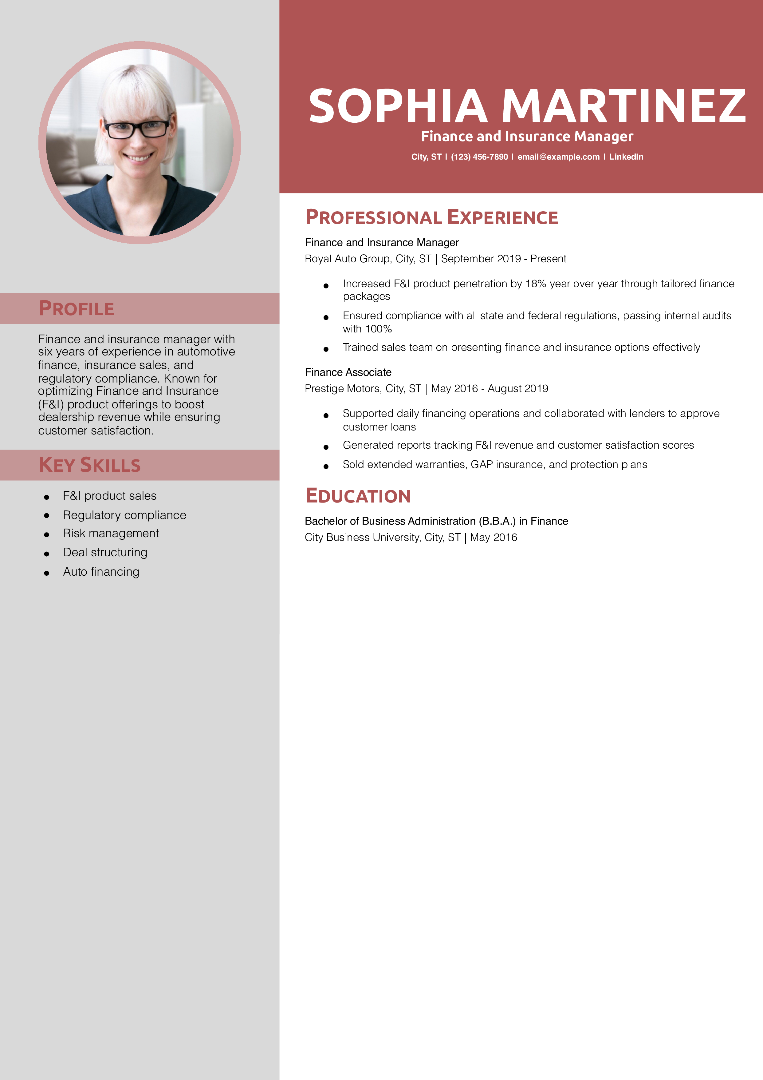 Finance and Insurance Manager Resume Example