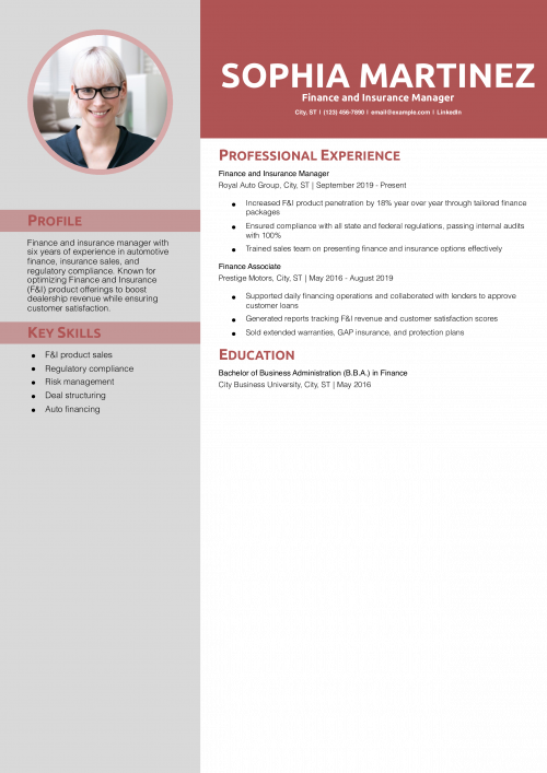 Finance and Insurance Manager Resume Example
